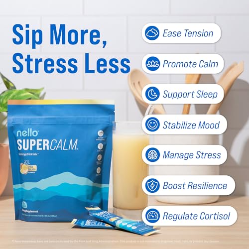 Image of Nello Supercalm Powdered Drink Mix, Cortisol Reducer* and Sleep Aid Supplement, L Theanine, Ksm-66 Ashwagandha, Magnesium Glycinate, Vitamin D 3, No Sugar, Non GMO, On The Go, 20 Ct, Pina Colada