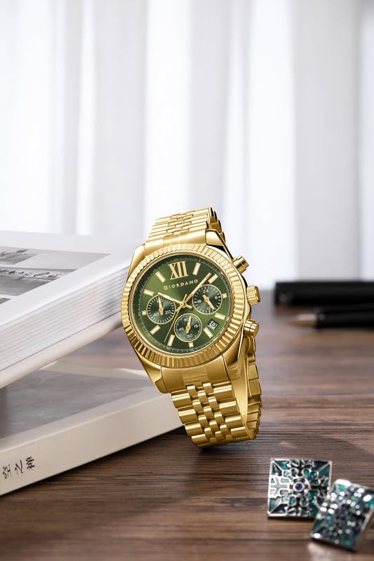 Image of Giordano Chronograph Watch for Men with Round Sunray Dial, Quartz Movement, Three Sub-Dials, Date Display, Roman Numeral Marker, Stainless Steel Strap - GZ-50217