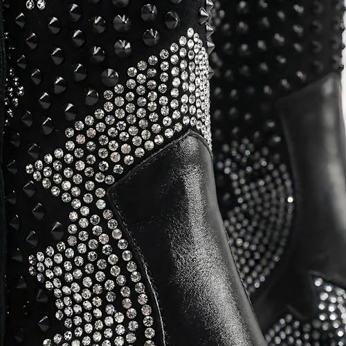 Image of Tsrenlmln Sparkly Rhinestone Cowboy Boots for Women - Pointed Toe Western Ankle Boots with Tassel, 3.74 inch Chunky Heel, Rivet Decorated Slip-On Booties, Party & Casual Wear