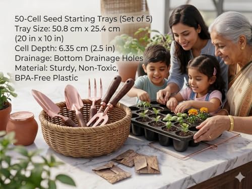 Image of EZIL Cashews 50 Cavity Seedling Tray Pack of 5| Reusable Plant Germination Tray | Nursery Seed Starter Tray for Home Garden & Vegetables (Medium - L 8 x B 7 x H 5 cm)