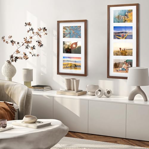 9x18 Oak Wood Picture Frame - 9x18 Photo Frame with Mat Display 3Pcs 5x7 Photos, 5x7 Picture Frame Wood, Natural Solid Wooden Picture Frames for Wall Art Photo and Prints(1 Pack, Walnut)
