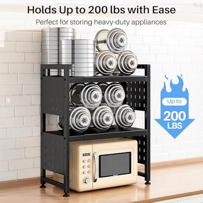 Expandable Microwave Stand, Heavy Duty 3-Tier Adjustable Microwave Oven Rack Shelf with 8 Hooks & 2 Holders, Space-saving Kitchen Counter Shelf for kitchen organizers and storage, 200lbs Capacity
