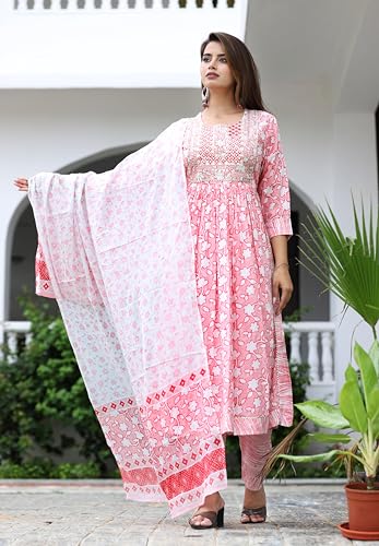 Image of Women's Stylish Rayon Nayra Cut Kurta Embroidered Work and Round Neck 3 /4 Sleeve with Pant Dupatta Set