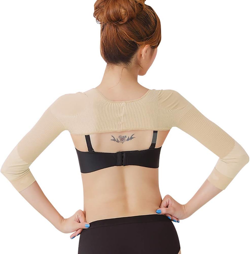 Gudessly Women's Slimming Arm Shapers Back Shoulder Support Wrap Correct Posture Corrector Humpback Prevent Shaperwear Compression Massaging Arms Lymphedema Support (L(fit US S), Nude)