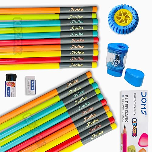 Image of 20 Piece Customized Name Pencil Set for Kids with Free Eraser & Sharpener, Custom Name HB Pencils for School, Writing, Birthday Gifts & Return Gifts