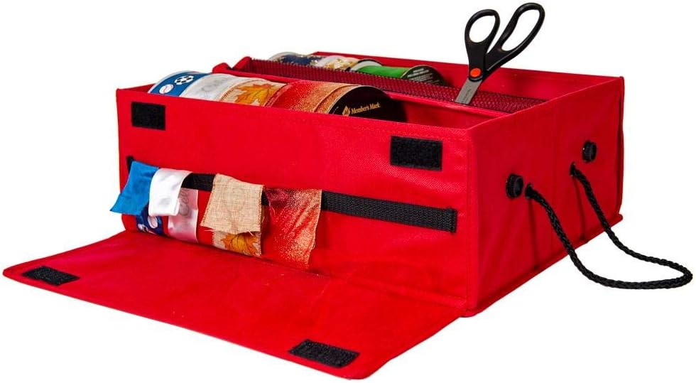 [Ribbons Storage Box] - Holds Ribbon Rolls Size Small Through Extra Large | Ribbon Dispenser for Each Spool | Gift Wrap Accessories Pouch to Hold Scissors, Bows, Tape, and More (Red)