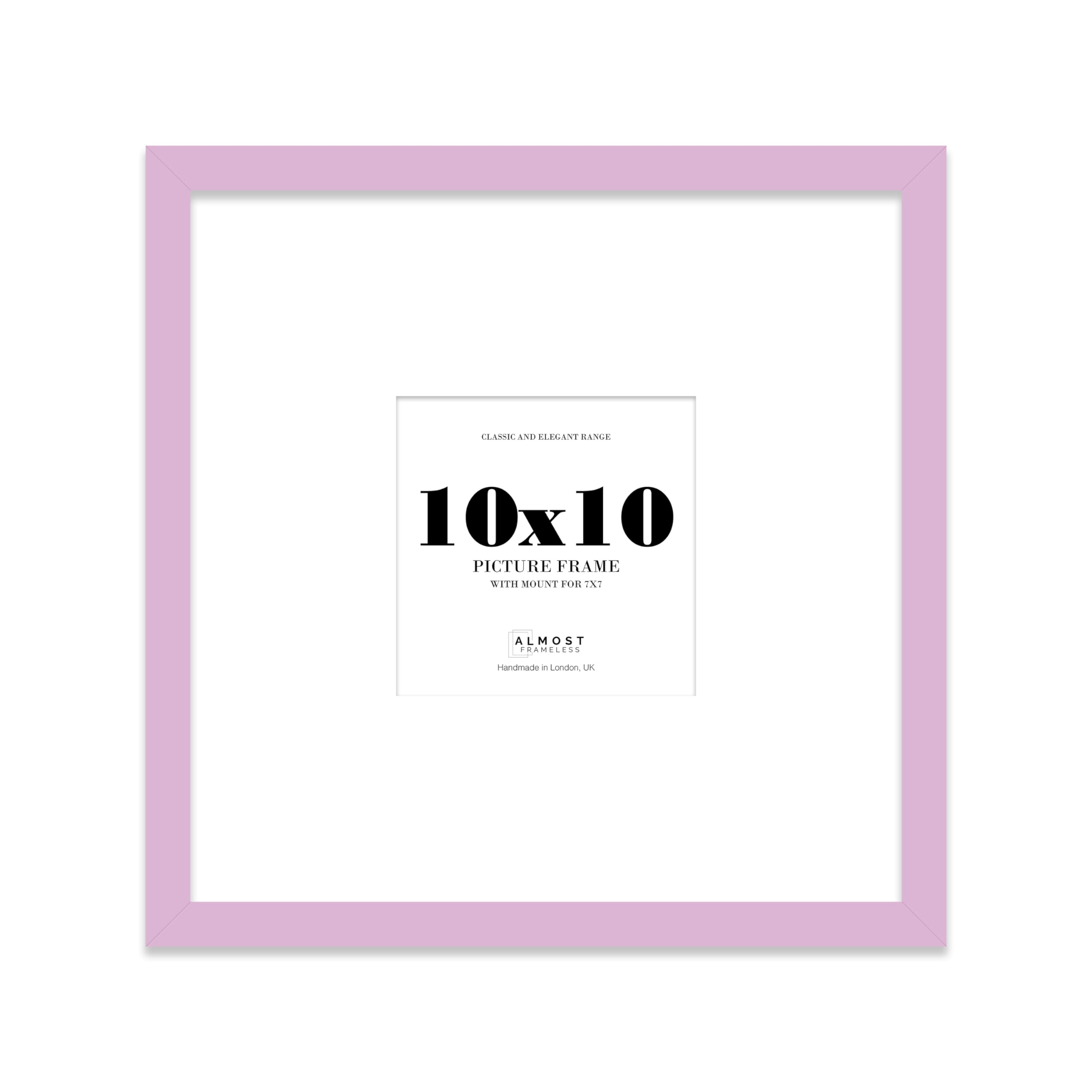 Almost Frameless 10x10 Square Picture Frame, Display Pictures 7x7 With Mat or 10x10 Without Mat, Wall Hanging & Free Standing Photo Frame, Lilac, 1 Pack