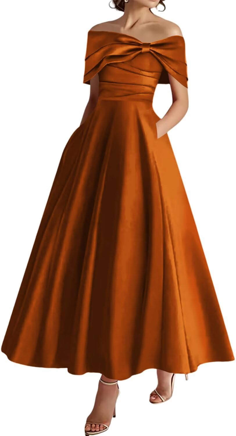 YIANN Orange Mother of The Bride Dresses for Women with Pockets Pleated Off Shoulder Satin Formal Evening Dress UK12