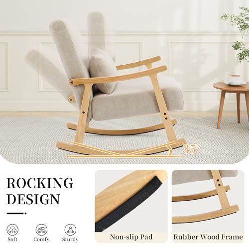 Image of SAETSFEG Rocking Chair for Nursery with Lumbar Pillow, Upholstered Accent Chair with Solid Rubberwood Frame, Living Room & Bedroom, Cozy Reading Chair for Small Spaces, Lightgrey
