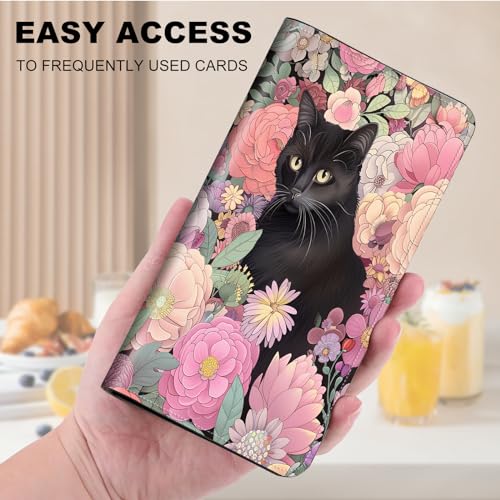 Wallet for Men Women & Phone Purse Wallet, RFID Blocking PU Leather Dual Magnetic Clasp Closure Phone Purse + Credit Card Holder for Phone Organizer Ladies Travel Purse,Black Cute Flowers Cat3
