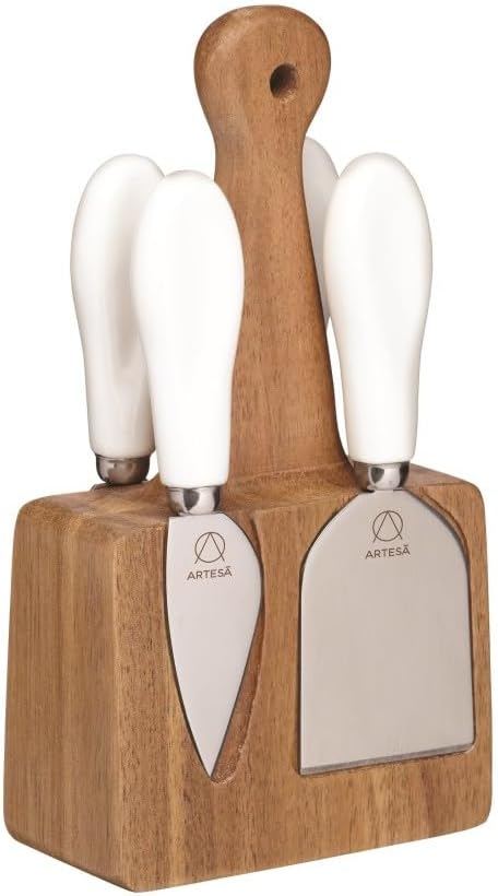 Artesà 5 Piece Stainless Steel Cheese Knives and Block, Cheese Knife Set with Acacia Wood Magnetic Block and Porcelain Handles, in Gift Box, for Cheeseboard Serving, Brown, 10x5x19 cm