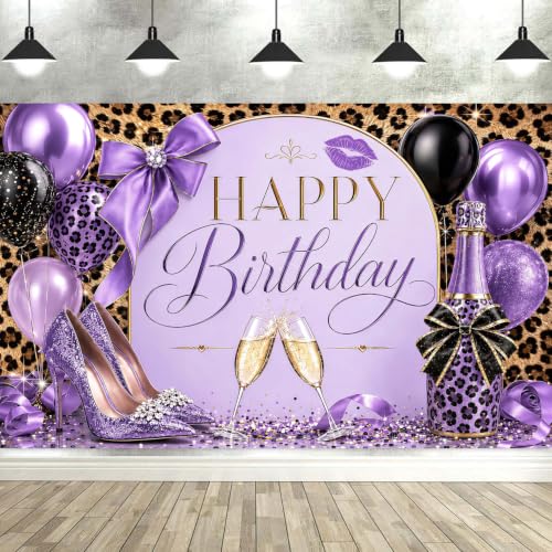 JAWO Leopard Print Purple Bow Happy Birthday Backdrop, Coquette Girl Photography Background Banner, Purple Cheetah Birthday Decorations for Women Girls Birthday Party Photo Booth Studio Decor Prop