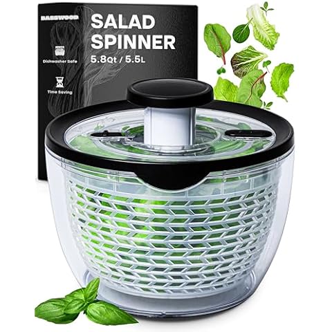 BASSWOOD Pump Salad Spinner with Bowl and Colander - Quick and Easy Multi-Use Lettuce Spinner, Vegetable Dryer, Fruit Washer, Pasta and Fries Spinner - 5.8 Qt Cover