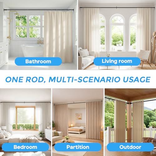 Image of AIZESI 41-124 Inch Heavy Duty Tension Curtain Rod - No Drilling, Adjustable, Rust-Resistant for Outdoor, Living Room, Window, Bathroom (Black, 41 inch to 124 inch|2PACK)