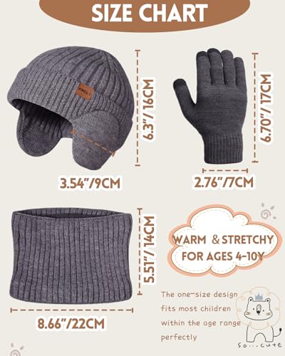 Image of Kids Winter Beanie Hat Scarf Gloves Set 4-10Y, Knit Hat With Earmuffs Neck Gaiter Fleece Lined Touchscreen Gloves Boys Girls