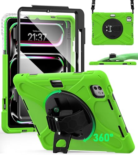 BRAECN Case for iPad Pro 11 inch (M4) 2024 5th Gen, 4 Layers Heavy Duty Full-Body Protection Screen Protector Pencil Holder, 360° Rotating Handle Kickstand, Shoulder Strap Kids Friendly