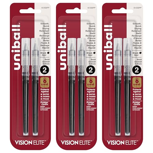 Uniball Vision Elite Rollerball Pen Refill, 0.8mm Bold Point, Black Ink, 6 Refills