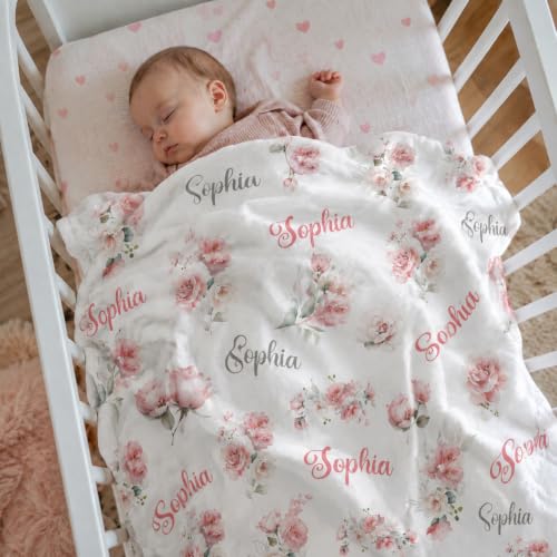 Image of Personalized Baby Blanket for Girls, Custom Nursery Blanket with Name, 30 x 40 Inch Soft Minky Blanket for Baby Toddlers, Newborn Print 07
