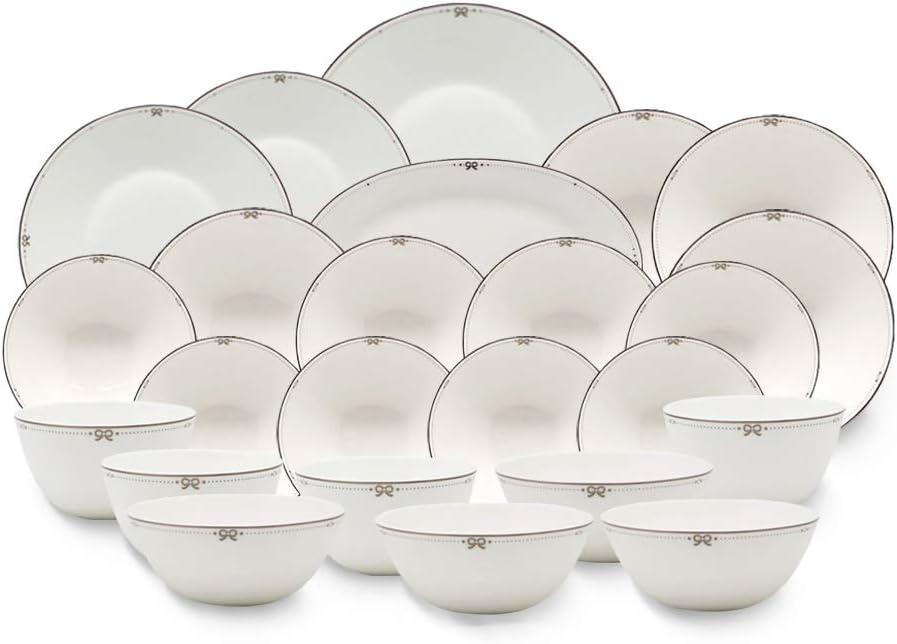 Hankook Chinaware 한국도자기 Little Ribbon Home Set for 4, Dinnerware, Korean Fine Bone-China, Dojagi, Ceramic