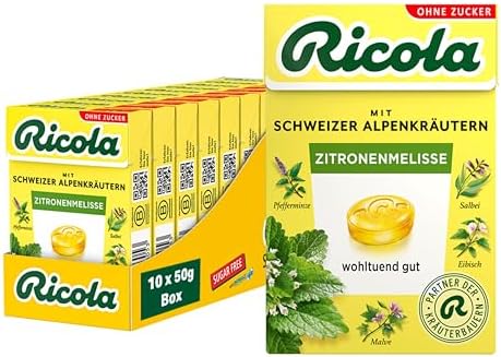 Ricola Zitronenmelisse, 10 Böxli Original Schweizer Kräuter-Bonbons mit 13 Alpenkräutern & erfrischendem Zitronen-Geschmack, zuckerfrei, 10 x 50g, vegan