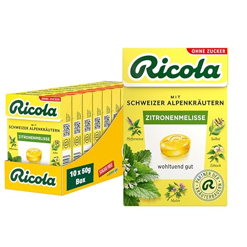 Ricola Zitronenmelisse, 10 Böxli Original Schweizer Kräuter-Bonbons mit 13 Alpenkräutern & erfrischendem Zitronen-Geschmack, zuckerfrei, 10 x 50g, vegan