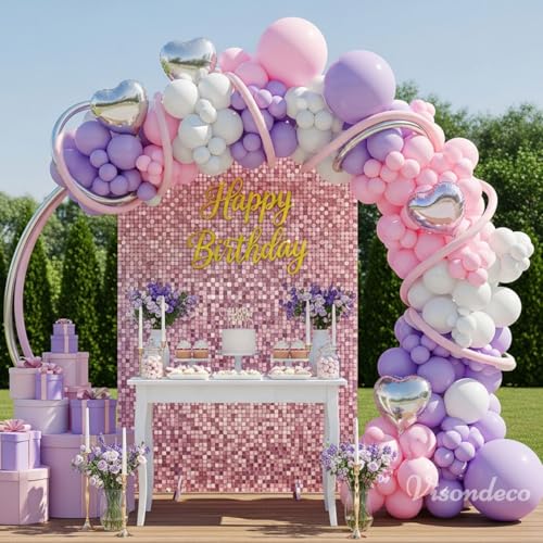 Image of Pink and Purple Balloon Arch Kit - Purple and Pink Balloons Garland with Silver Heart Foil for Girls Birthday Party, Baby Shower, Wedding, Bridal Shower, and Princess Theme Decorations