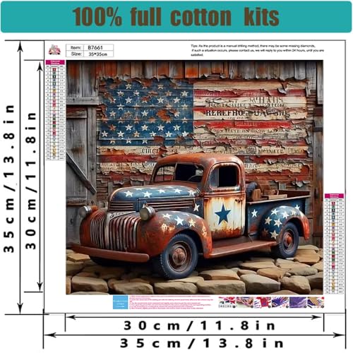 Image of Stamped Cross Stitch Kits for Adults - Truck American Flag Embroidery Kits for Beginners Adults,11 CT Patterns Dimensions Counted Cross Stitch Kits for Arts Craft Kits 14X 14 inch