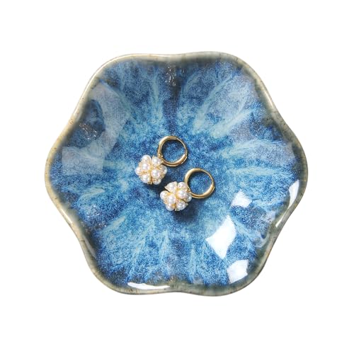 Image of Lotus Leaf Shape Ring Holder Dish, Small Key Bowl, Ceramic Trinket Tray Jewelry Dish Organizing Necklace Earrings for Mom Friend Sister. All Jewelries Are NOT Included. Light Blue.