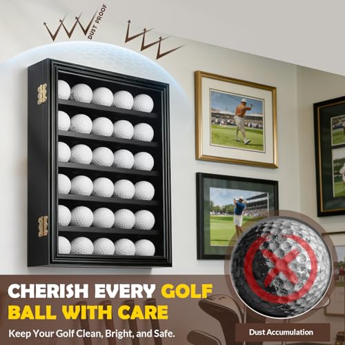 Image of JupDec Golf Ball Display Case Frame for 30 Balls, Dustproof Solid Wood Holder Box with Unobstructed Clear View, Velvet Lined Cabinet with Removable Shelves, Ideal Gift for Golf Fans