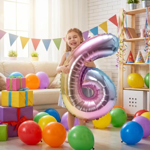 Image of YPSelected 32 Inch Large Foil Helium Number Balloon Birthday Wedding Party 0-9 (Rainbow, 6)