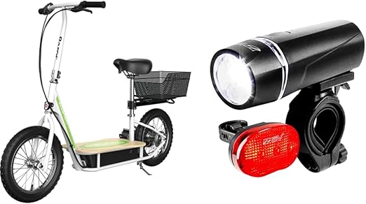 Razor EcoSmart Metro Electric Scooter – Padded Seat, 16" Air-Filled Tires & BV Bicycle Light Set Super Bright 5 LED Headlight, 3 LED Taillight, Quick-Release
