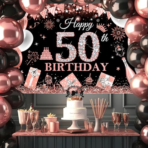Image of Avezano Happy 50th Birthday Banner for Women Black and Rose Gold Glitter Balloon 50 Birthday Party Backdrop 50 Year Old Bday Photo Backdrop Party Supplies 70.8 x 43.3 Inch
