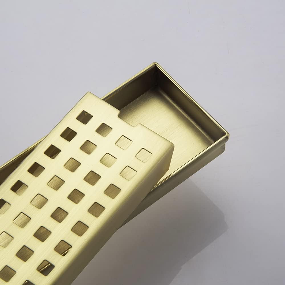 16 Inch Linear Bathroom Shower Rectangular Floor Drain New Type with Removable Cover Grid Grate Adjustable Leveling Feet Hair Strainer SUS304 Stainless Steel Brushed Gold