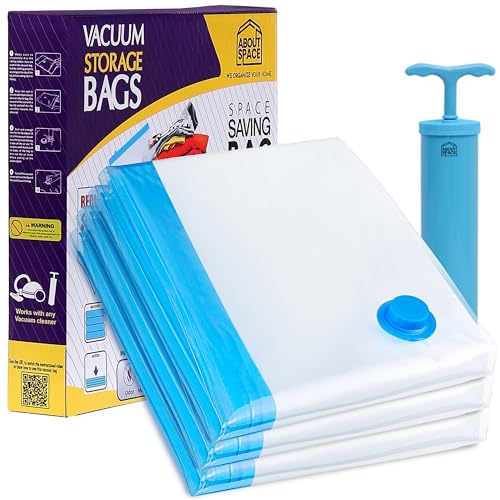 Image of ABOUT SPACE Polyamide Polyethylene Vacuum Compression Bags (3 Pack) with Hand Pump | 3-2X Jumbo Zip Seal Compression Storage Bags | Heavy-Duty Airtight Reusable Space Saver Luggage Organizer (Blue)
