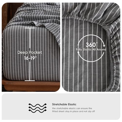 Image of MooMee Striped Sheet Set 100% Washed Cotton Linen Like Queen