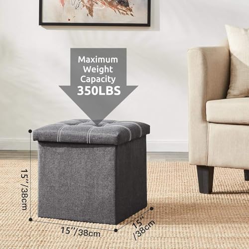 Image of 15 Inches Ottoman Storage Bench. Folding Chest with Breathable Linen-Look Fabric, Load up to 330 lb, for Entryway, Living Room, Bedroom, Dark Gray