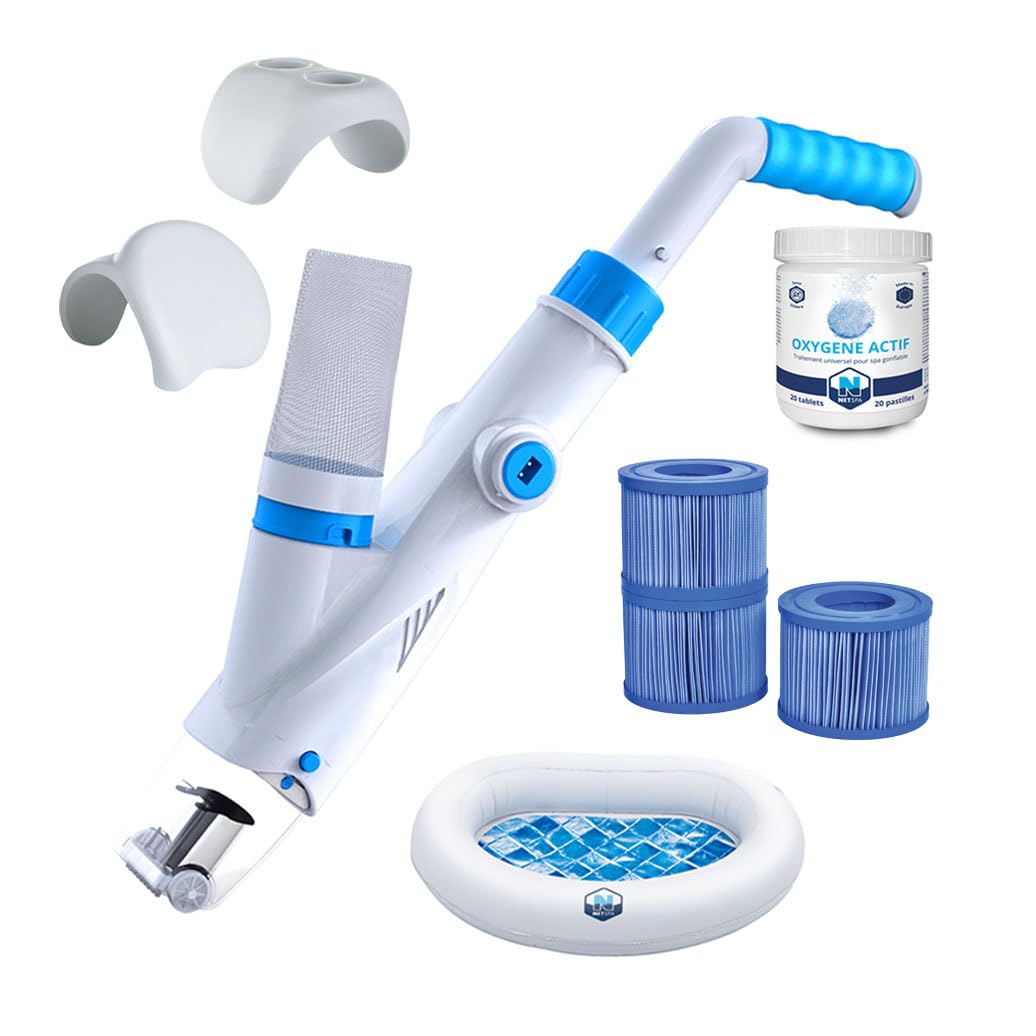 NETSPA Kit d'entretien pour Spa, 3 Cartouches de Filtration, 20 Pastilles d'Oxygène Actif, Appui-tête, Porte-gobelet, Bassin Rince-Pieds, Aspirateur