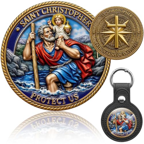 Bequemhaus St Christopher Medal Keychain Saint Christopher Challenge Coin Protection Christian Religious Gifts with Leather Coin Holder (Antique Gold)