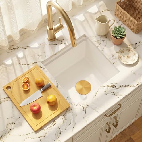 MILOSEN White Undermount Bar Sink, 16×16 Inch Small White Granite Composite Wet Bar or Prep Sinks with Cutting Board, 9 Inch Deep Outdoor Single Bowl Small Workstation Sink with Gold Accessories by MILOSEN - Used condition - US$120.69
