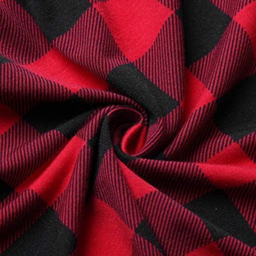 Nandashe Long Plaid Tunic Shirt For Women, 2023 Short-Sleeved V Neck Slimming Colorblock Jersey Hipster Back Pleat Feminine Linen Flare Flattering Button Up Blouses Black&Red Extra Large #TOP6