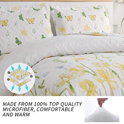 Floral Quilt Bedspread Set King Size, 3 Piece Yellow Flower Butterfly Pattern Bedding Coverlet Set Soft Lightweight Bedspread Set With 2 Shamcases For All Season #TOP1