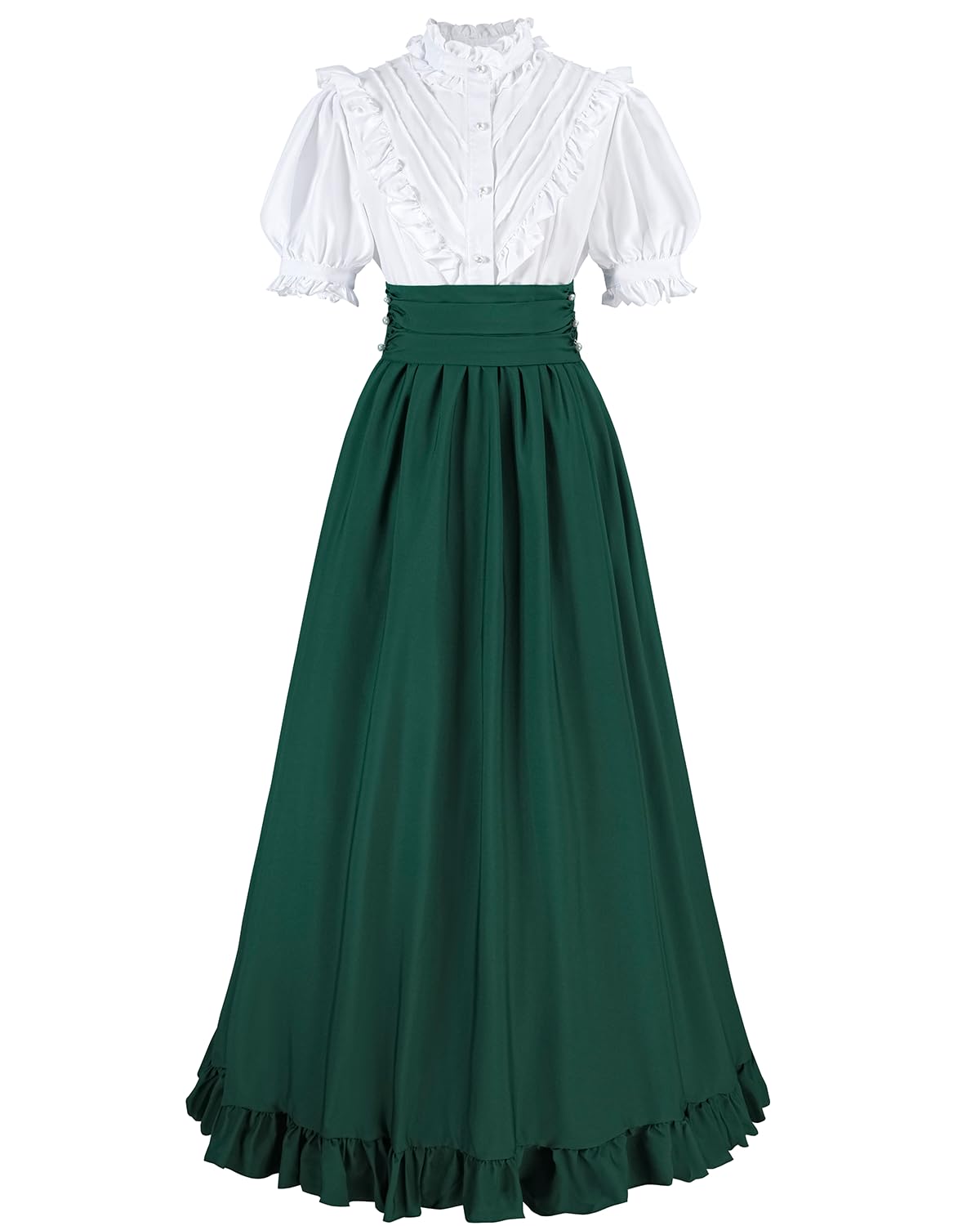 CR ROLECOS Women Victorian Dress Medieval Vintage Costume Ball Gown Dress Short Sleeves Victorian Blouse Renaissance Falda 2-Pieces Set Green S