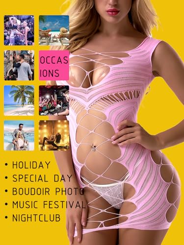 Image of Sexy Lingerie for Women Fishnet Halter Chemise Deep V Hot Mesh Mini Dress Bodysuit Valentine's Day Stripper Outfits