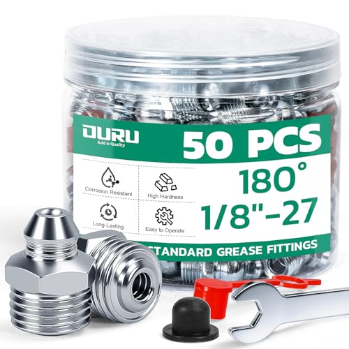 Image of OURU 50PCS 1 /8 inch-27 SAE Grease Fittings Kit, Zerk Grease Fittings Straight with Grease Fitting Caps & Wrench Kit(11mm) for Grease Gun