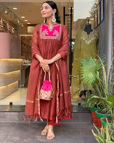 Image of GoSriKi Women's Rayon Viscose Embroidered Anarkali Kurta with Pant & Dupatta