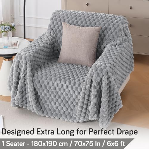 Image of HOKIPO Luxury Premium Rabbit Wool Plush Fluffy Sofa Cover, Sofa Throw for 1 Seater Sofa, 180(D) x 190(L) cm, 'BunnySoft Series' Moon Grey (AR-5073-GRY)