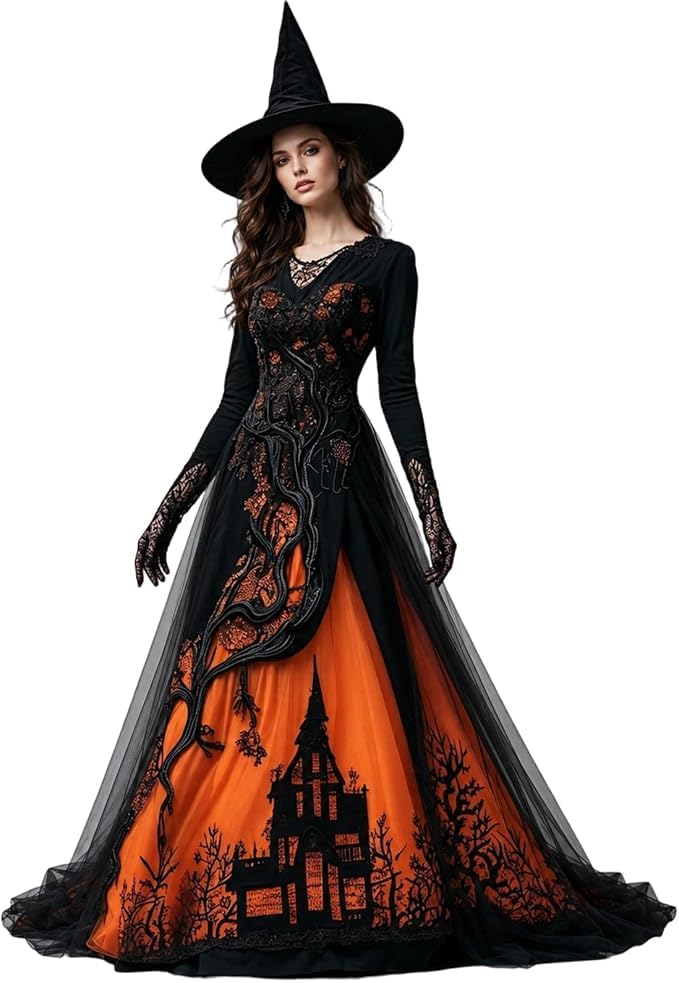 Gothic Dress Womens Halloween Costume Adult Medieval Lace and Chiffon Vampire Costume, Vintage Renaissance Medieval, Day Of the Dead Outfit, Party Dresses for Women