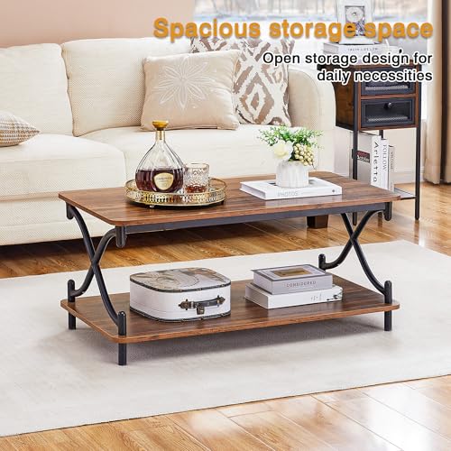 VECELO Coffee Table for Living Room with Round Corners Modern Farmhouse Center Table with Storage Shelf for Home Office 39 Inch, Easy Assembly, Retro Brown by VECELO - Image 2