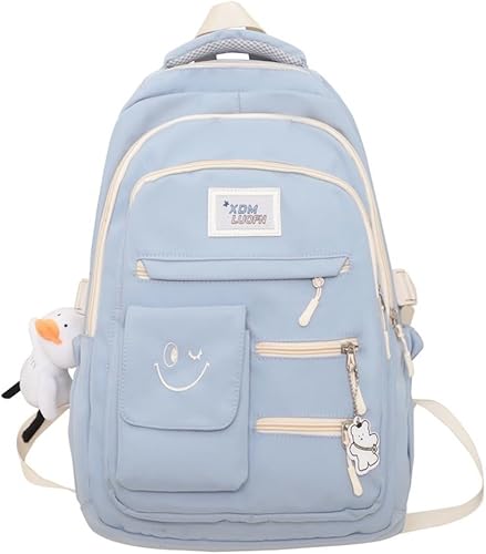 JHTPSLR Preppy - Mochila estética de cara sonriente, bolsas sólidas para libros, triple cremallera, mochila grande impermeable para laptop, Azul,