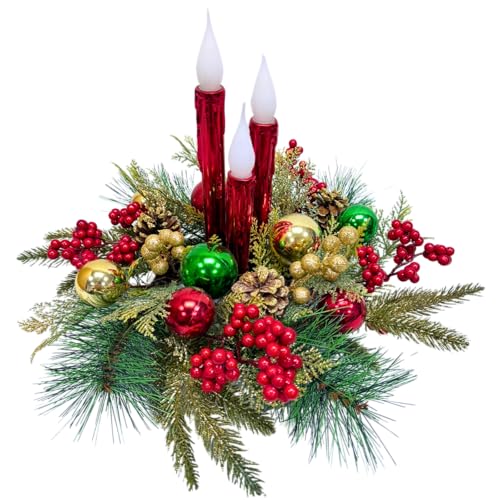 Svndlyn Christmas Floral Arrangement Centerpiece with 3 Flameless LED Candles, Battery Operated Lighted Holiday Table Decoration with Pine, Berries & Ornaments Holiday Winter Decorations